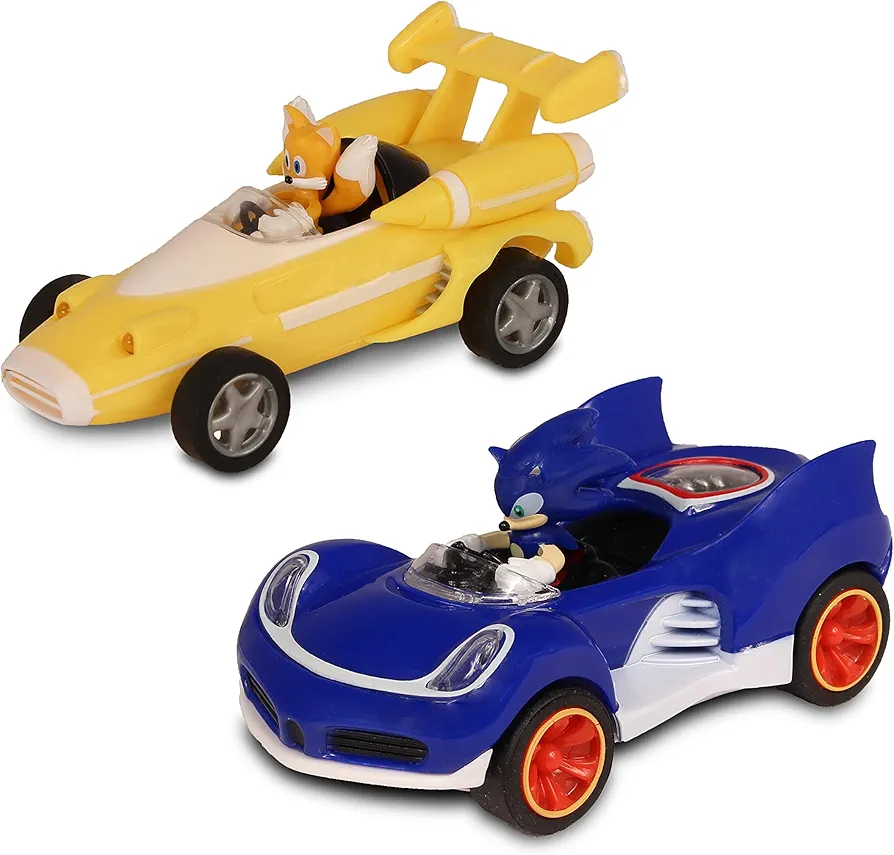 NKOK Sonic Transformed All-Stars Racing 2 Pack Pull Back Action: Tails and Sonic Hedgehog, Two Vehicles, Video Game Legends, No Batteries Required, Pull Back – Release - and Watch it go