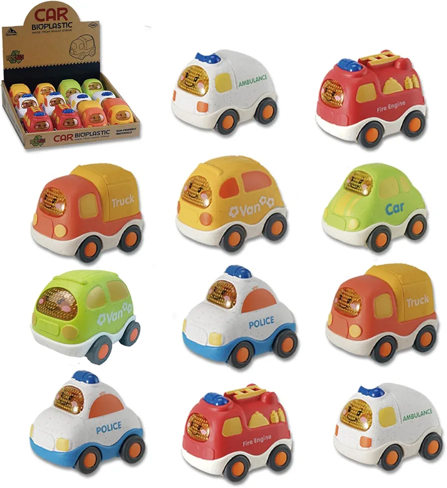 12 Pcs City Cars & Trucks Toy Vehicles Set, PVC, BPA Free, Phthalates Free, Toddlers Educational Play, Goodie Bags Stuffers Gifts for 2-4 Year Boy Girl.(Dishwasher Safe, Recycled Plastic)