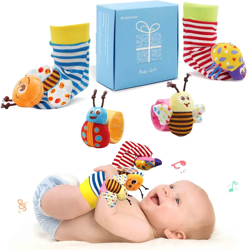 Bloobloomax Baby Rattles Toys for 0-12 Month, Infant Girl Boy Toys for Babies 3-6 Months, Newborn Hand & Foot Toys for 0 to 9 Months, Baby Shower Gifts Set with Wrist Rattle Socks (Light blue)