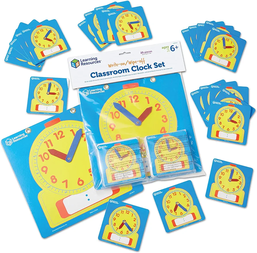 Learning Resources Write & Wipe Clocks Classroom Set - 25 Pieces, Ages 6+ Laminated Dry-Erase, Teaching Aids, Teacher Supplies, Learning Time,Back to School Supplies