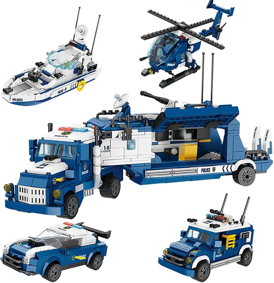 City Police Vehicles Building Blcok Toy with Police Truck Cars Ship Helicopter, Building Toy Sets for Boy 6-12 Years Old