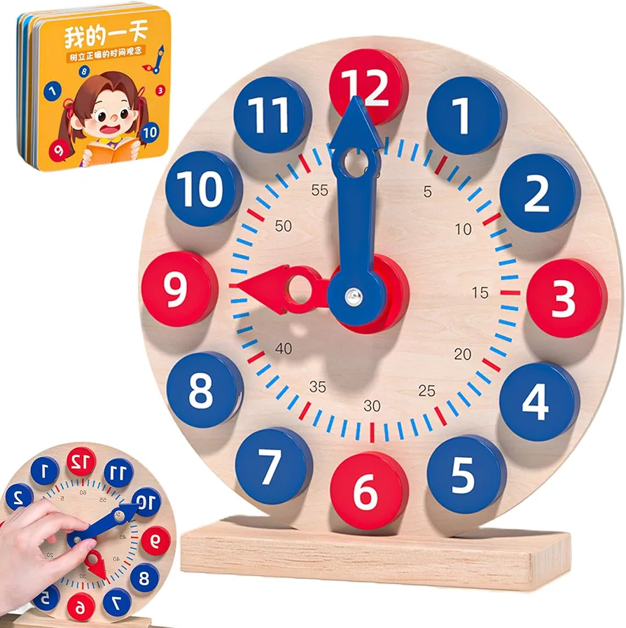 Learning Clock Wooden Teaching Clock With 18 Reversible Time Cards Learn To Tell The Time Clock Early Gift For 3+ Year Old Kids