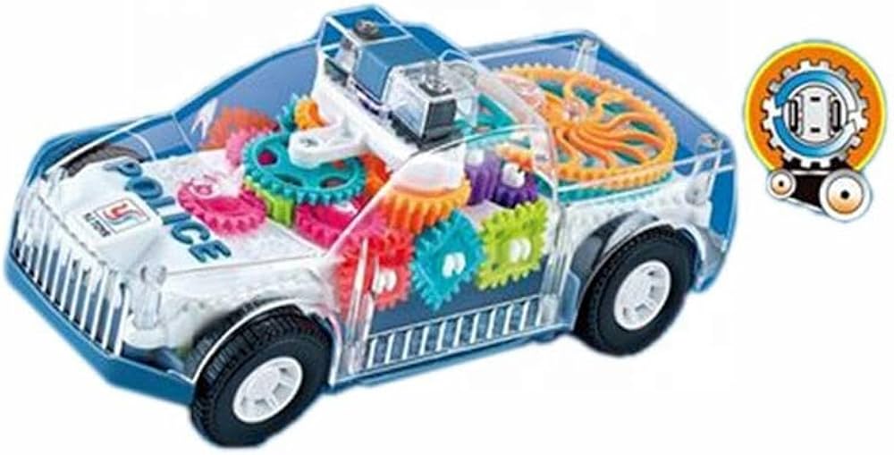 Nenekal Transparent Electric Police Car Gear Toy with Flashing Lights & Music, Automatically Changes Direction, Toddler Gift, for Boys Girls 3+, STEM Tummy Time