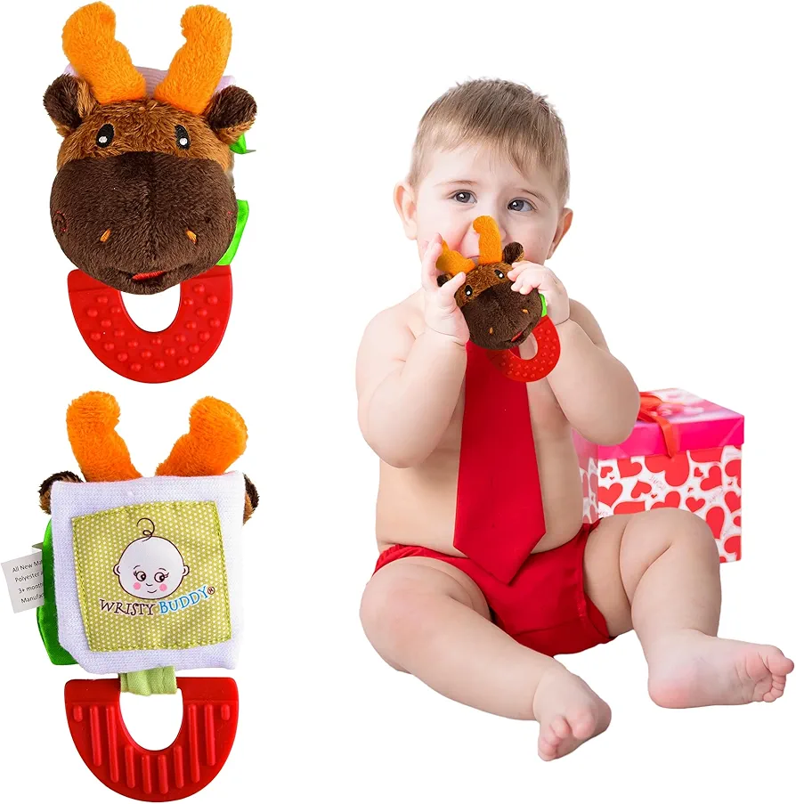 Never Drop Moose Silicone Baby Teething Toy for 0-6month Infants, Baby Chew Toys for Sucking Needs, Hand Pacifier for Breast Feeding Babies, Car Seat Toy for New Born,Brown