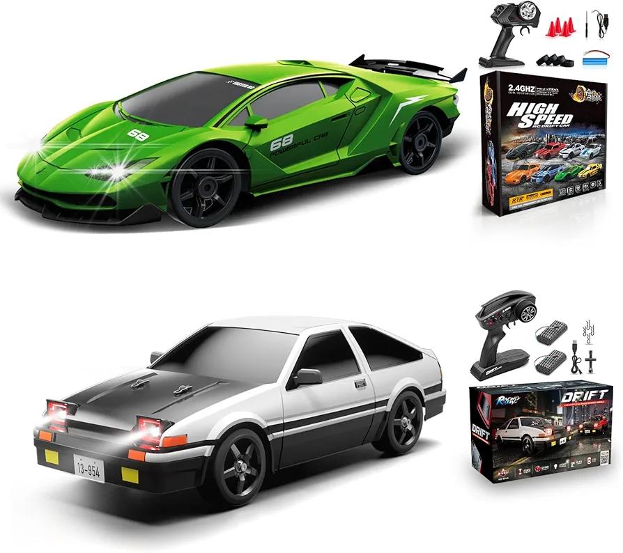 2 PCS RC Drift Car, RC Drift Car 1:24 Remote Control Car 4WD 15KM/H Remote Control Car and 1:12 Fast RC Car 2.4GHz 35KM/H High Speed Performance with Gyro Racing Car Gift for Adults Kids Boys Girls