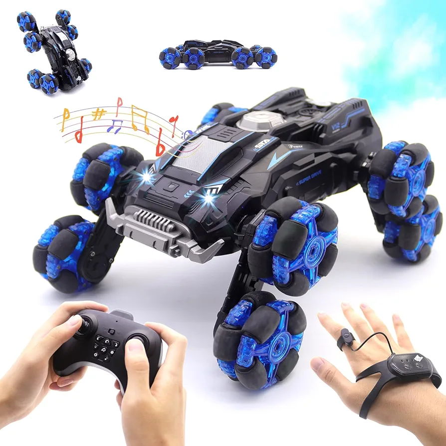 Gesture RC Car Toys for Ages 8-12 Boy Girl, 2.4Ghz Hand Remote Control Car with Lights Music Spray, 8WD Gesture Sensor RC Stunt Car Double Sided Rotating Off Road