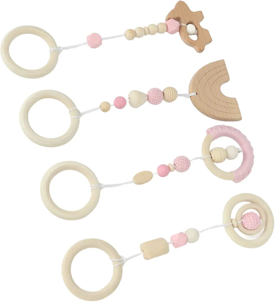 Wooden Hanging Toys, Beech, 4pcs Stroller Pendant Toys Baby Play Gym Wooden Hanging Toys for Toddlers Infants for Birthday Gift, Newborn Gift