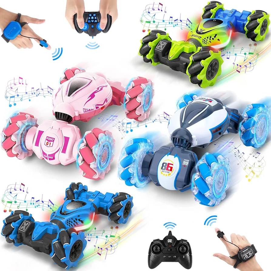 Gesture Sensing Stunt Car Toys for Boys Girls 6-12 Yr, RC Cars 2.4Ghz 4WD Hand Remote Control Car 360° Rotate Transform Off-Road Drift with Lights Music, Birthday Xmas Gifts for Kids, 4 Cars