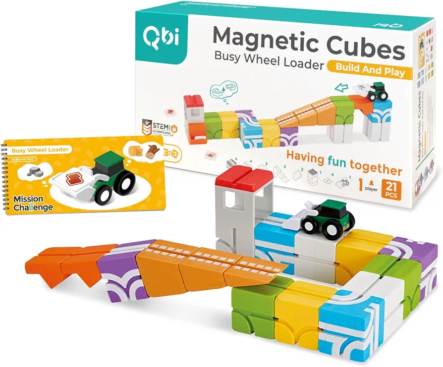 QBI Toy Busy Wheel Loader: Build and Play,Building Tiles, 3D Colorful Magnetic Blocks Construction Educational STEM Toys with Kids car for 3+ Year Old Boys & Girls Montessori Game (21 Pieces)