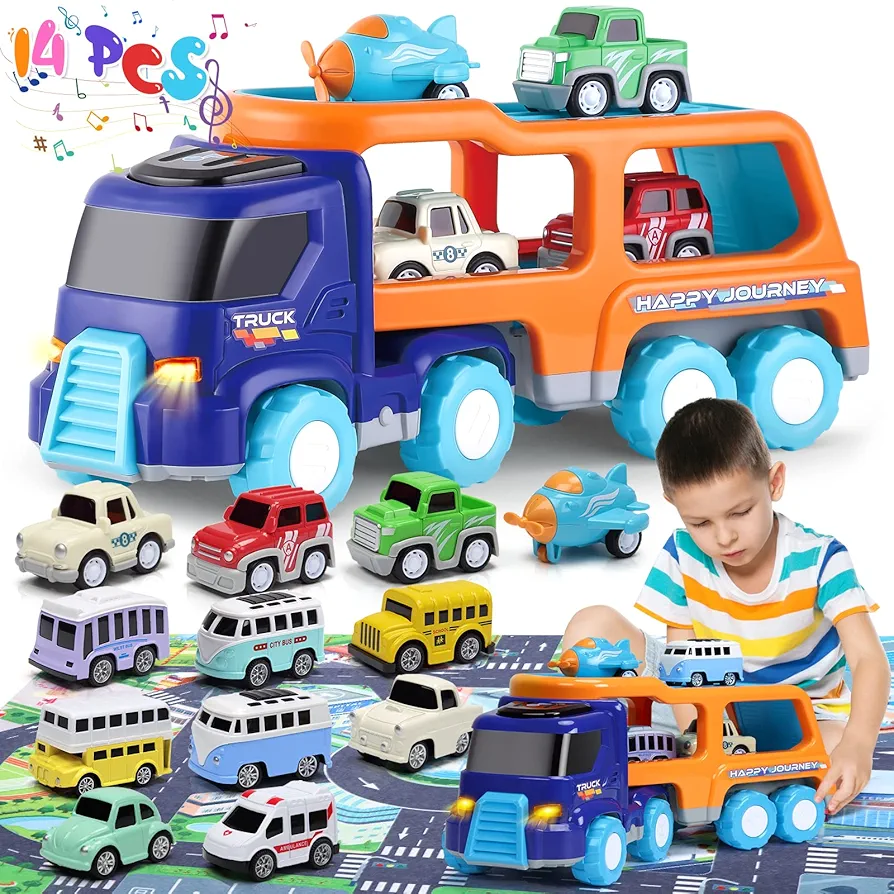 Transport Car Carrier Truck Toddler Toys for 3 4 5 6 Years Old Boys - 14PCS Friction Power Push and Go Toys for Boys Age 4-7, Christmas Kids Gift Girl Boy Toys Age 3+