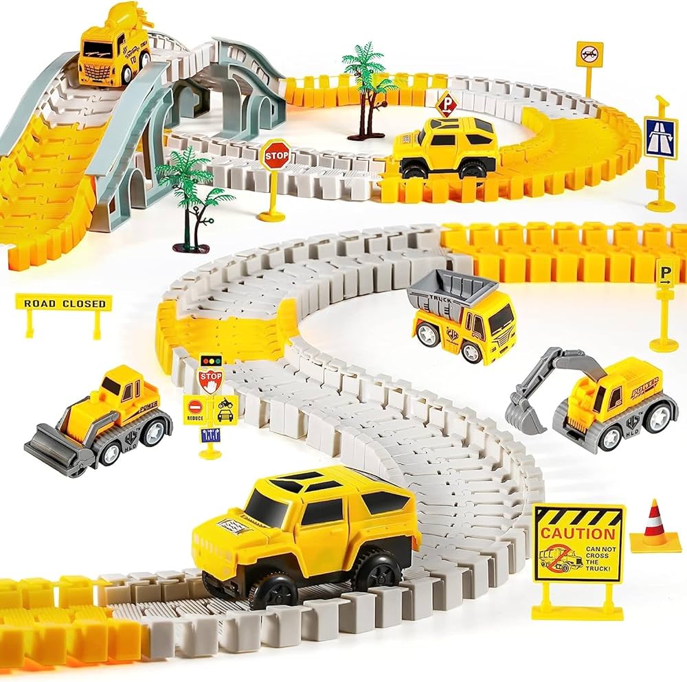 260 PCS Construction Race Tracks for Kids Toys, 2 Electric Cars, 4 Construction Cars, 1 Map & Flexible DIY Track Set, Engineering Gifts for 3 4 5 6 Year Old Boys Girls