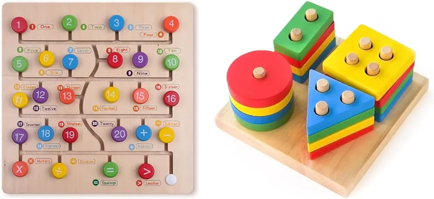 Boxiki kids Montessori Learning Toys Bundle: Wooden Numbers and Shapes for Toddlers