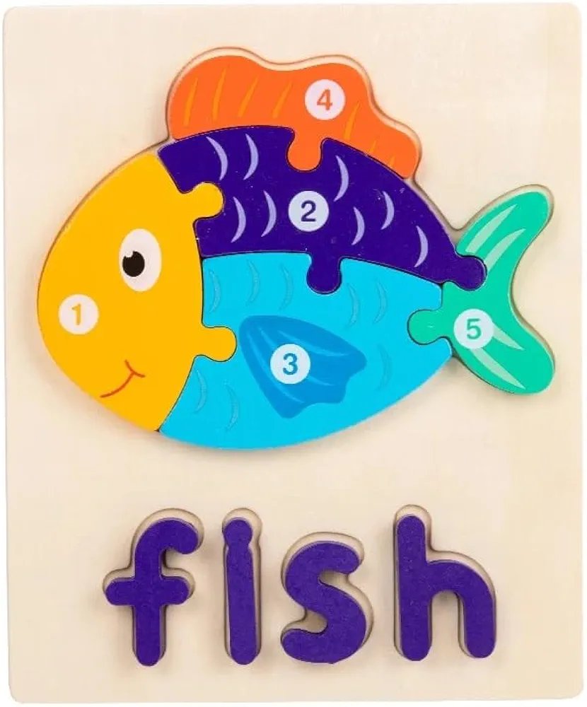 EZ 3D Wooden Jigsaw Puzzle for Kids Montessori Toy Puzzle with Big Shapes and Letters for Easy Early Learning (Fish-9 Pieces in The Puzzle), 18*15*1.1 CM