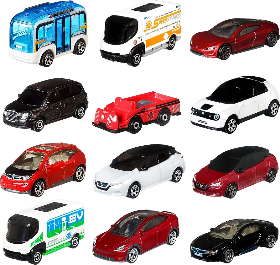 Matchbox Cars or Buses 12-Pack, Set of 12 Toy Electric Vehicles in 1:64 Scale (Styles May Vary)