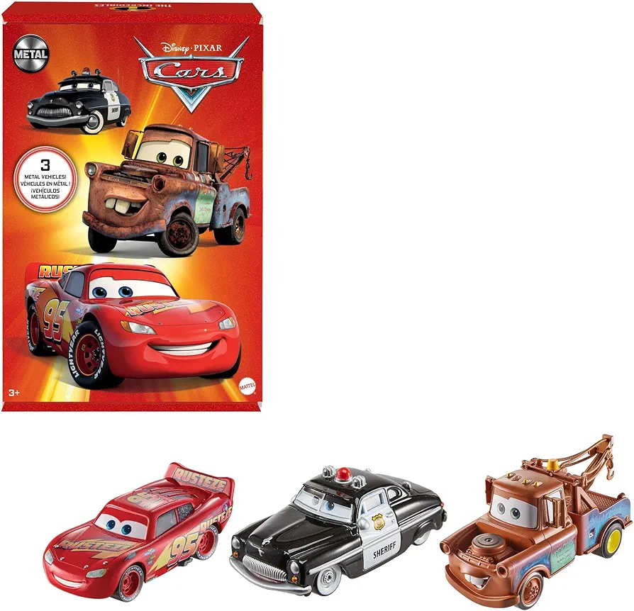 Mattel Disney Pixar Cars Toys, Radiator Springs 3-Pack of Die-cast Toy Cars & Trucks with Lightning McQueen, Mater & Sheriff