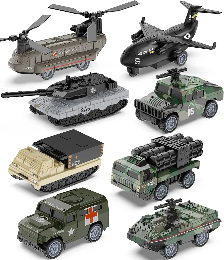 Small Army Toy Cars, Geyiie Die Cast Military Truck Vehicles Toys for Kids, Army Helicopter, Tanks, Mini Car Set as Easter Basket Stuffers Gifts for Boys Girls Age 3-8, East Party Favor