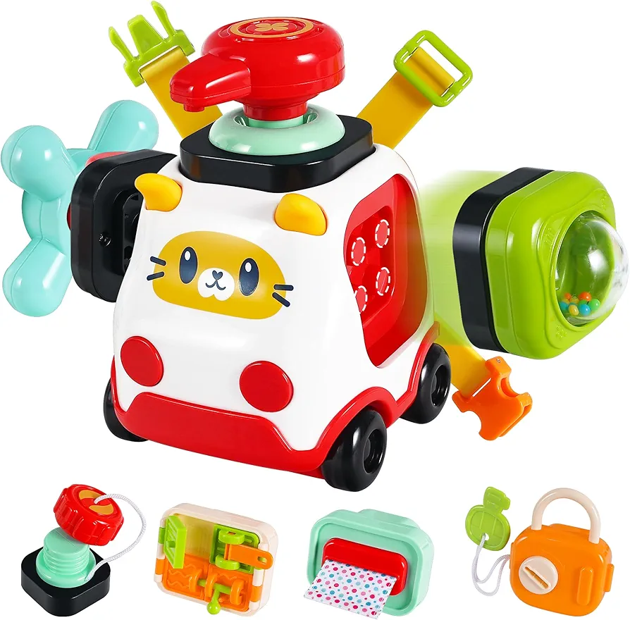 iPlay, iLearn Baby Busy Activity Cube, Infant Push Go Car for 6-12 Month, Montessori Sensory Toy Toddler 1-3, Carseat Travel Toy, Educational Learning Birthday Gift 9 10 18 Month 1 2 Year Old Boy Girl