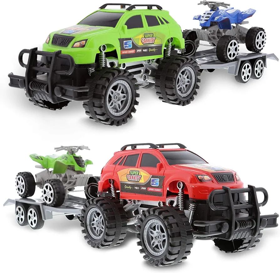 Mozlly Friction Powered Monster Trucks with SUV Towing ATV Trailers - 2 Sets of Monster Truck Toys with Removable Hook Up ATV Towing Trailers Toy, Realistic Truck and Trailer Toys for Boys and Girls