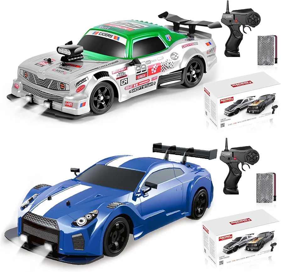 2PCS Remote Control Car RC Drift Car 1/16 Scale 4WD 18KM/H High Speed RC Car 2.4GHz with LED Lights Spray Racing Toy Car for Adults Boys Girls Kids Birthday Rechargeable Batteries