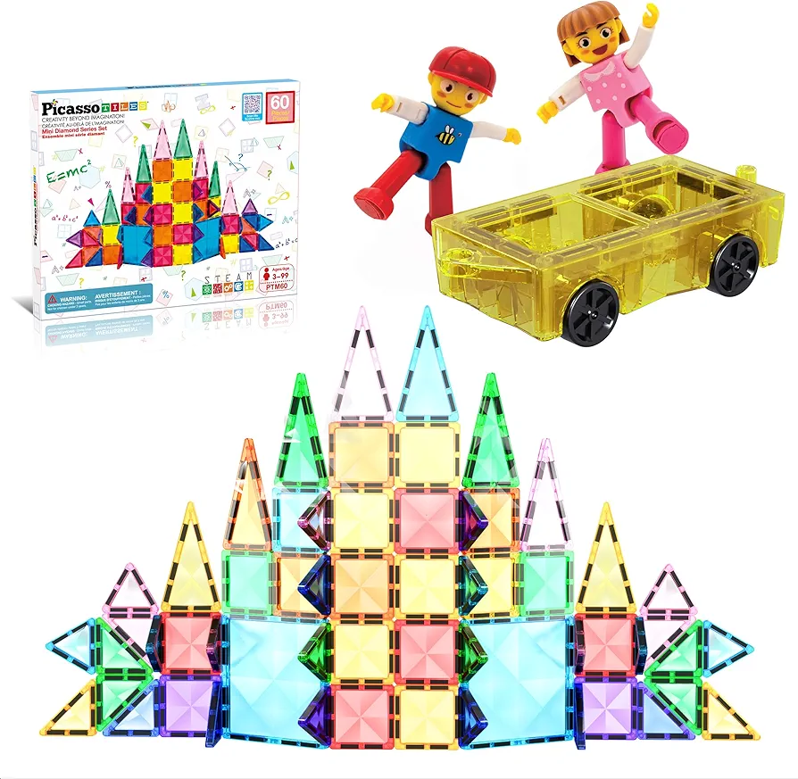 PicassoTiles 60PC Magnetic Mini Diamond Tiles + Mini Car Truck Set with Action Figures Bundle, Travel Size On-The-Go Magnet Construction Expansion Playset, STEAM Learning & Educational Toy Gift Idea