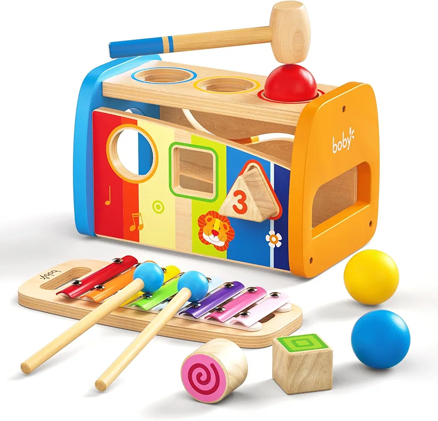 Boby 4-in-1 Hammering Pounding Toys, Montessori Sensory Toys for Toddlers 1 2 3 Year Old Girl Boy Gifts, Baby Learning & Education Toys 12-18-24months, Musical Pound & Tap Bench Sorter Xylophone