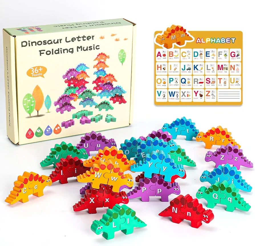 Wooden Alphabet Matching Toy, 52 Pcs Double-Sided ABC Dinosaur Game with Uppercase Lowercase, Educational Montessori Sorting & Stacking Toy (Standard Edition)