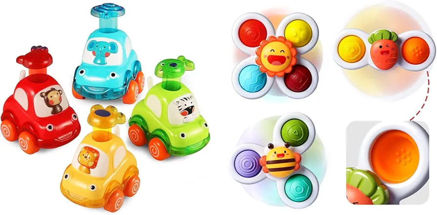 ALASOU 4 PCS Animal Car Toys and 3 PCS Suction Cup Spinner Toys for infant and toddlers