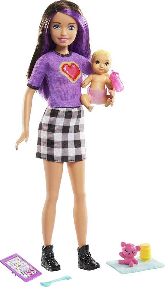 Barbie Skipper Babysitters Inc Doll & Accessories Set with Skipper Doll in Checked Skirt, Baby Doll & 4 Themed Pieces