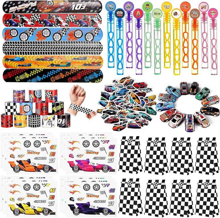 Vanblue 110Pcs Race Car Party Favors Birthday Party Supplies Straw Bubble Slap Bracelet DIY Sticker Toy Gift for Kids Boy Treat Candy Bags Stuffer Race Car Themed Decorations Classroom Reward