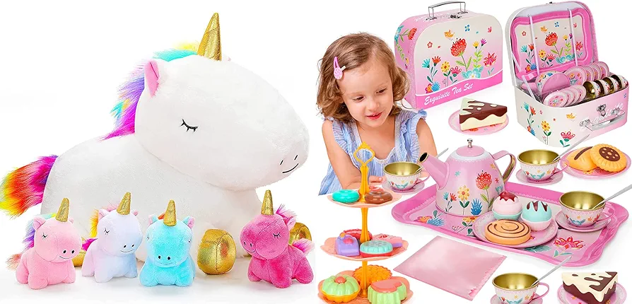 KMUYSL Unicorn Mommy Stuffed Animal with 4 Baby Unicorns in Her Tummy, Girls Gift for Age 3 4 5 6 Year Old, Toddler Toys Tea Party Set for Little Girls