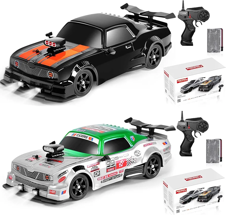 2PCS Remote Control Car RC Drift Car 1/16 Scale 4WD 18KM/H High Speed RC Car 2.4GHz with LED Lights Spray Racing Toy Car for Adults Boys Girls Kids Birthday Rechargeable Batteries