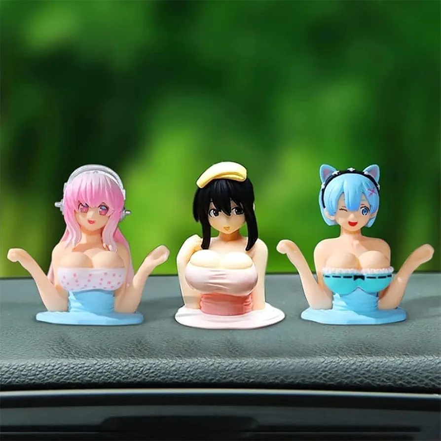 3pcs Anime Beauty Car Dashboard Decorations Figure, Cute Bobbleheads for Car Dashboard Decor, Funny Chest Shaking Car Ornaments