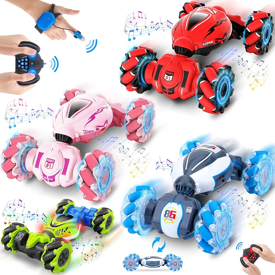 Gesture Sensing Stunt Car RC Cars Toys for Boys Girls 6-12 Yr, 2.4Ghz 4WD Hand Remote Control Car 360° Rotate Transform Off-Road Drift with Lights Music, Birthday Xmas Gifts for Kids, 4 Cars