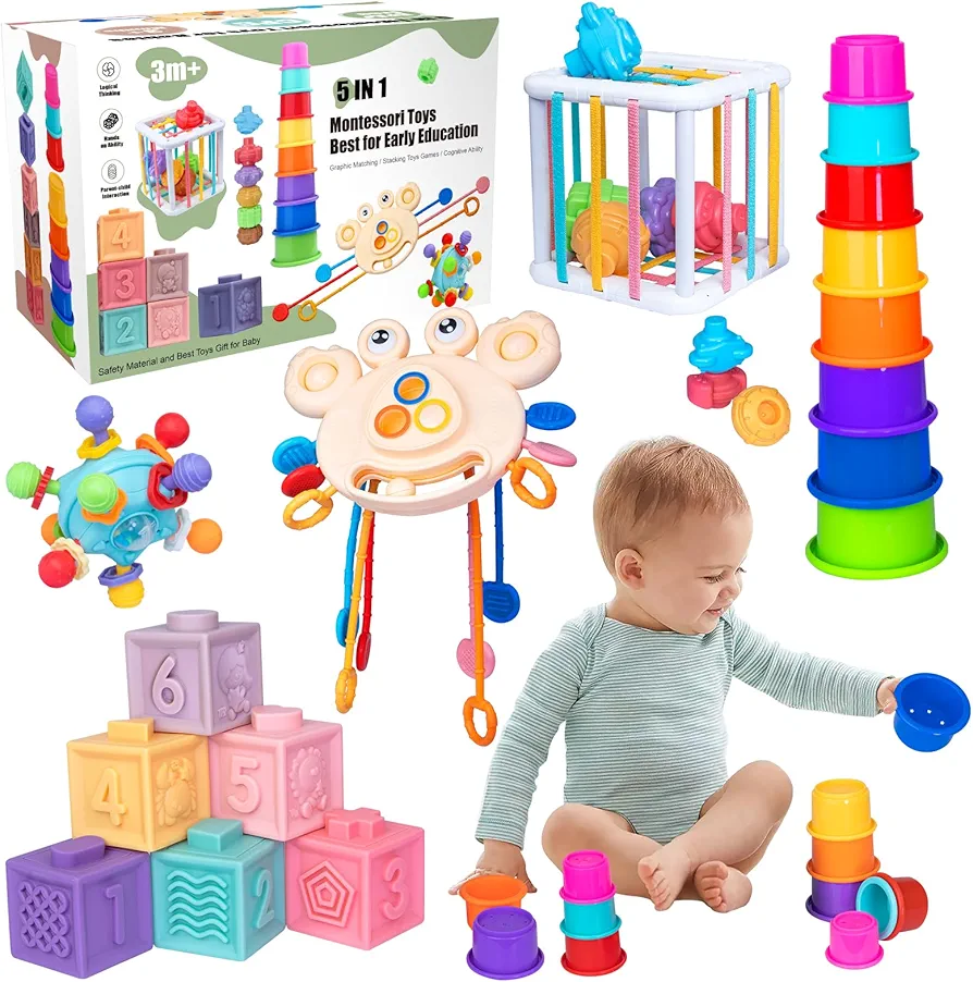 5 in 1 Baby Toys Montessori Toys for 1 Year Old Educational Learning Toys for Toddlers Stacking Cups Stacking Blocks Pull String Teething Toys Sensory Shape Storage Bin Infants Travel Bath Toys Gifts