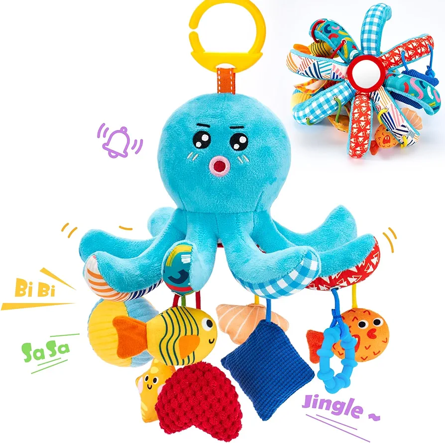 hahaland Baby Toys 0-6 Months - Octopus Toy with Pulling Cords, Squeaky, Crinkle, Rattle, Mirror - Baby Toys 3-6 Months Developmental Newborn Infant Toys - Baby Gifts