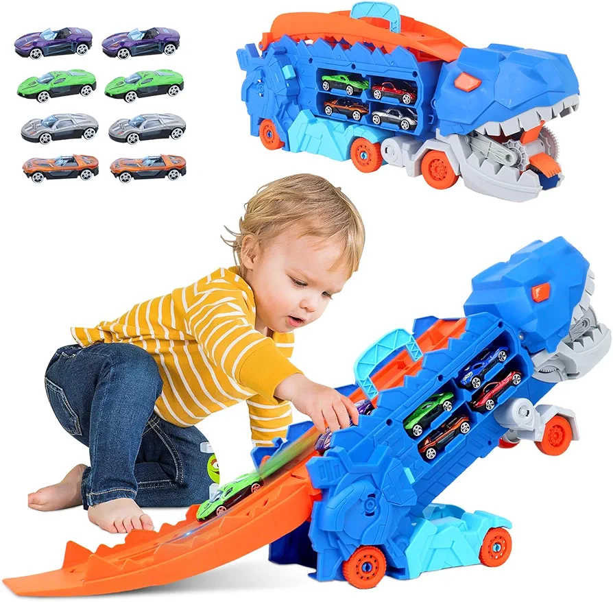 Dinosaur Truck Toy Cars for Toddlers 3 4 5 6 Years Old Boys,with Foldable Sliding 25-Inch Race Track,Transformable Into Standing Dinosaur,Toddler Car Toys Set for Kids Boys Girls(8 Cars