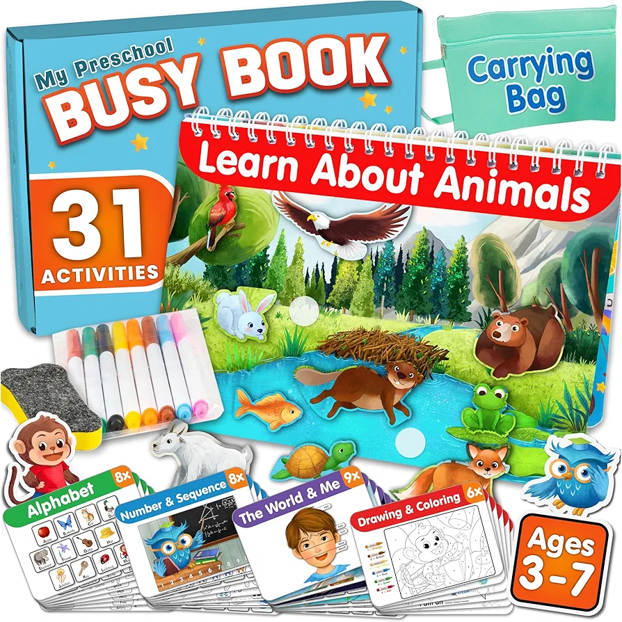 Busy Book for Toddlers 3-7 and Up - MONTESSORI Activity Book with 31 Interactive Toddler Learning Activities - Educational Toys for 3 Year Old Boys & Girls and Up - Autism Sensory Learning Materials