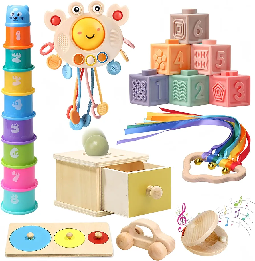 Montessori Toys for Babies 6-12 Months, 8 in 1 Wooden Learning Educational Toys for Toddler, Baby Play Kit with Stacking Cups and Ball Drop Toy, 7 Month Old Baby Toys, Best Gifts for One Year Old