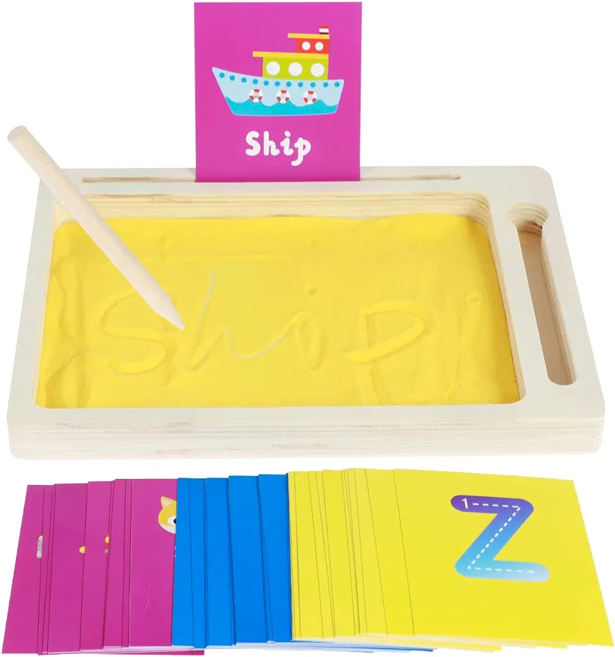 Montessori Sand Tray Toys Wooden, Sand Writing Trays for Kids, Wooden Sand Trays, Wooden Sand Tray Box, Montessori Sand Writing Tray with Wooden Pen Sand and Cards for Writing Letters and Number