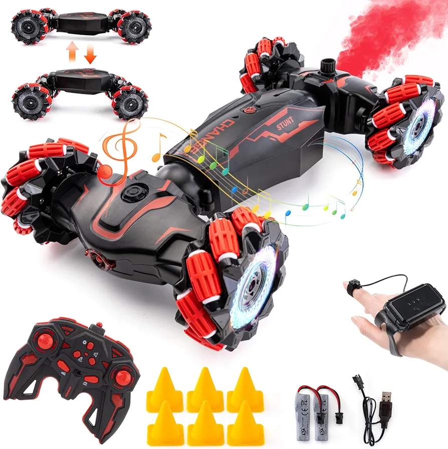 Gesture Sensing RC Stunt Car, 2.4GHz 4WD Remote Control Car 360° Rotate Transform Off-Road Drift RC Cars with Cool Lights Music, Cars for Boys Girls Birthday(Red