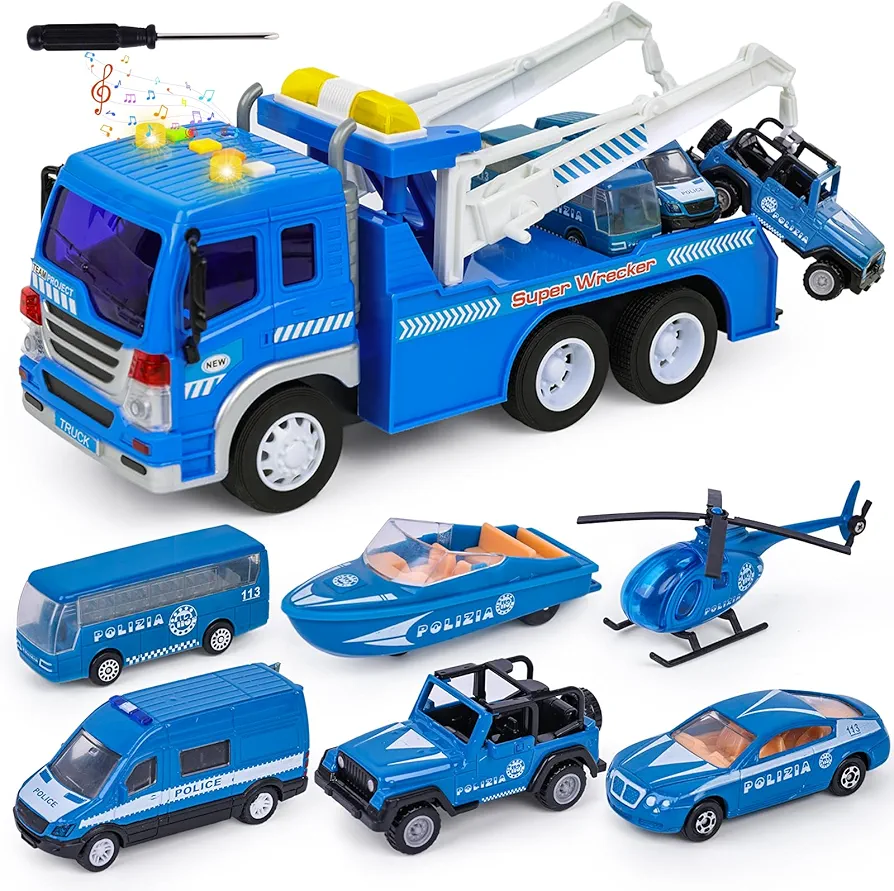 AMOR PRESENT Police Tow Truck Toy Set, Blue Wrecker Truck with Lights Sounds and Small Die-cast Toy Cars Helicopter Policemen Figures for Kids Birthday Present