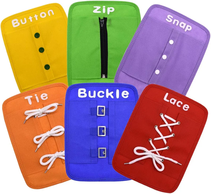 Busy Board Early Learning Basic Life Skills Learn to Dress Boards-Button,Zip,Lace,Buckle,Tie,Snap 6 Pcs/Set