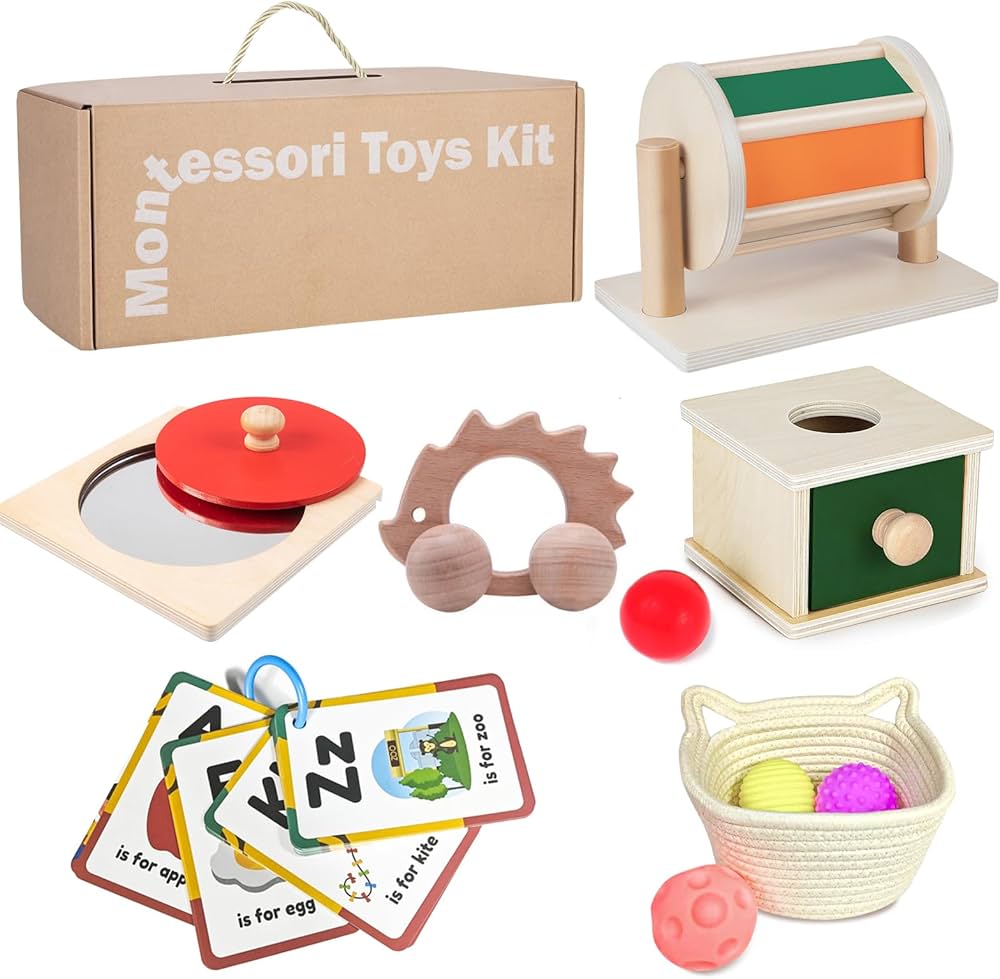 Montessori Educational Toys for Babies 7-12 Months, 7 in 1 Early Learning Educational Kit for Toddlers Gifts, Includes Spinning Drum, Permanent Box, Red Mirror Knob Puzzle, Hedgehog Rattle and More