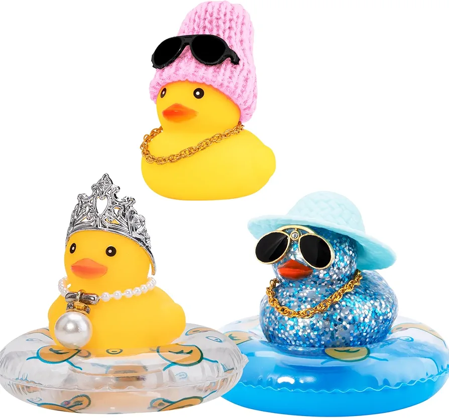 wonuu Rubber Ducks, Car Decor Cute Car Accessories Rubber Duck for Car Decorations Dashboard Accessories, Pack of 3 Rubber Ducky, Blue Duck & Crown Pearl Duck & Knit Hat Duck