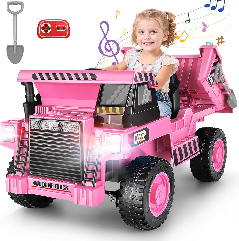 Hikole 12V 4WD Ride on Dump Truck with Electric Dump Bed, Kids Ride on Cars with Remote Control, Shovel, LED Lights, Music Player, Power Electric Car Wheels for Girls, Pink