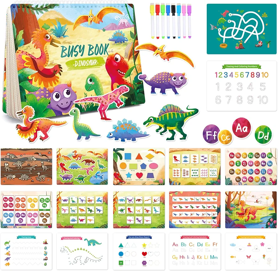 Montessori Busy Book for Toddlers - Newest Dinosaur Theme, Educational Learning Toy for 3-5 Year Olds, Perfect Birthday or Easter Gift for Boys and Girls