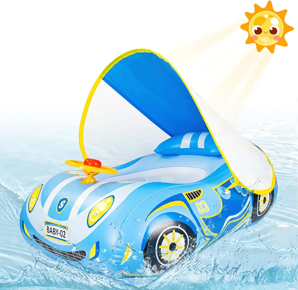 Baby Pool Float with Canopy UPF50+ Sun Protection & Toy Play Steering Wheel Baby Swimming Float with Patch Kit for Babies Aged 3-36 Months Swim Float