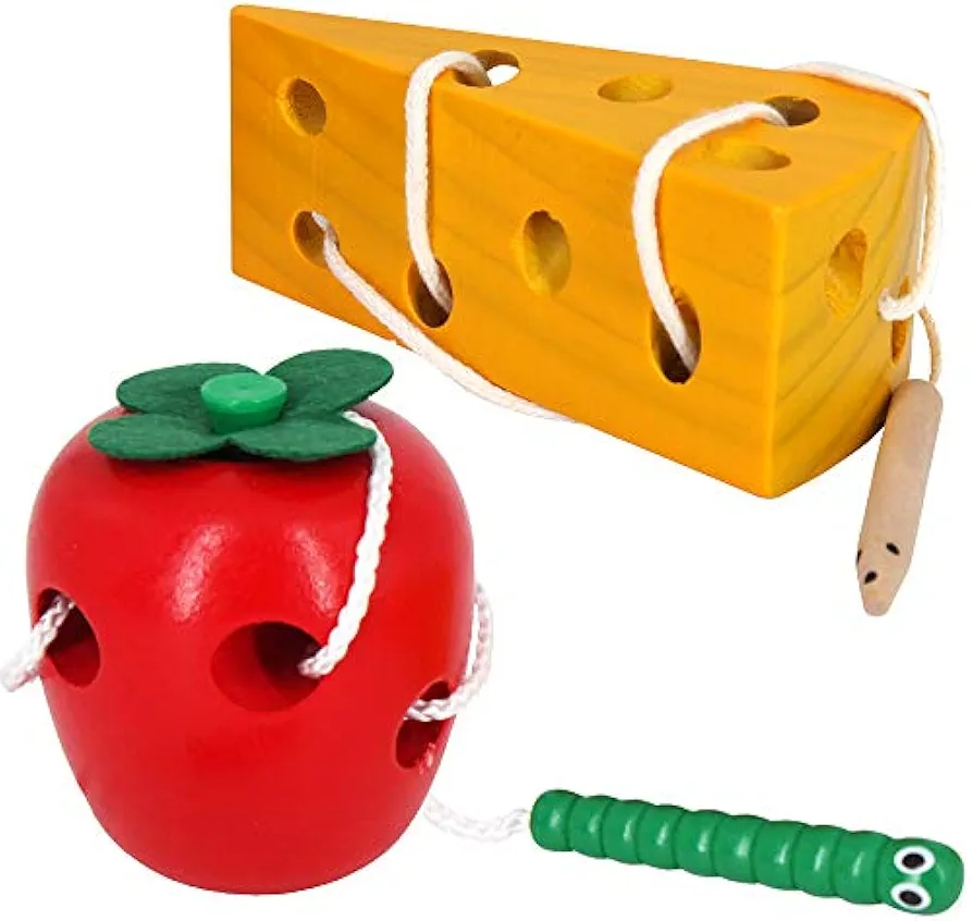 Early Development Toys Wooden Lacing Toys, Montessori Activity Caterpillars Eat Apple and Kids Cheese Toys, Children Learning Educational Wood Block Puzzles Toy for Toddlers Boys Girls