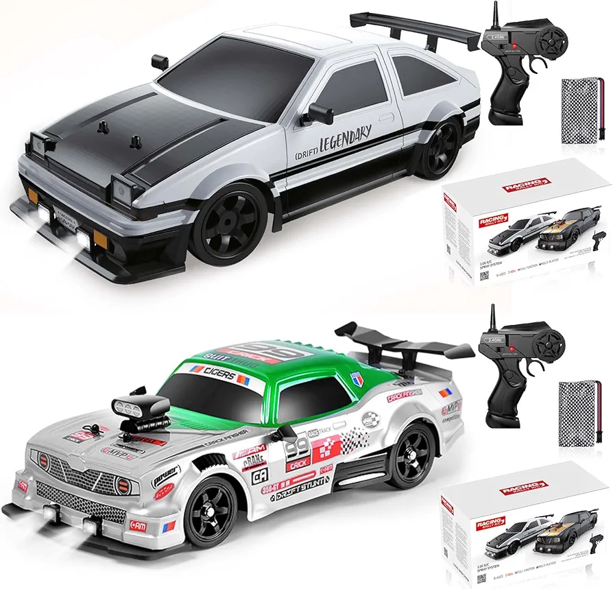 2PCS Remote Control Car RC Drift Car 1/16 Scale 4WD 18KM/H High Speed RC Car 2.4GHz with LED Lights Spray Racing Toy Car for Adults Boys Girls Kids Birthday Rechargeable Batteries