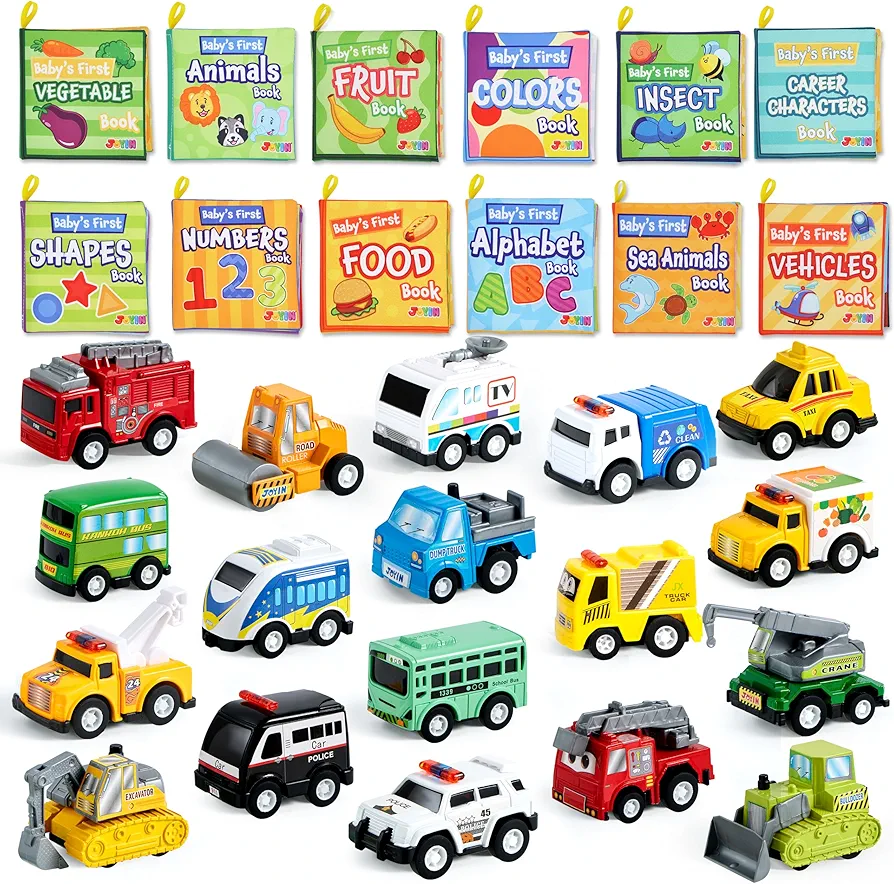 JOYIN 12 Pcs Baby Bath Books with 18 Pcs Pull Back City Cars and Trucks Toy Vehicles Set, Toys for Toddlers, Boys, Girls’ Educational Play, Goodie Bags Easter Basket Stuffers